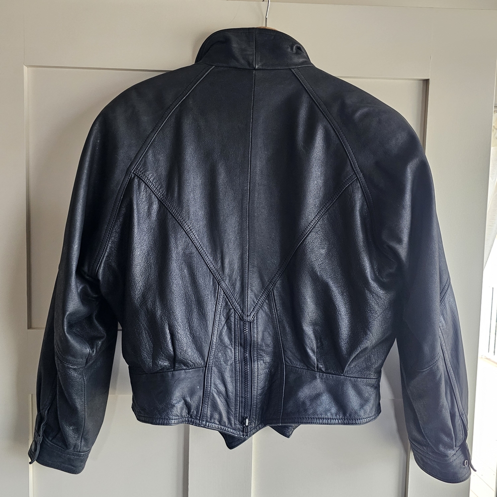 Wilson VTG Women's Black Leather Biker Cropped Bomber Jacket 80s Style - Picture 2 of 12